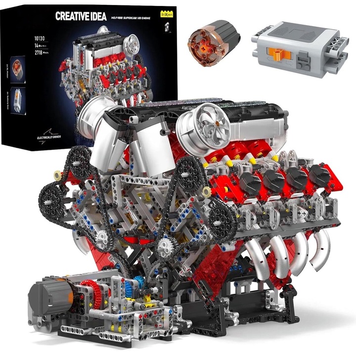 Építőkészlet, V8-as motor, Excitat®, környezetbarát ABS műanyag, 2718 db, 14 éves kortól, kockás autó kialakítás, 8 hengeres motorkészlet 3,9 literes duplaturbós motor