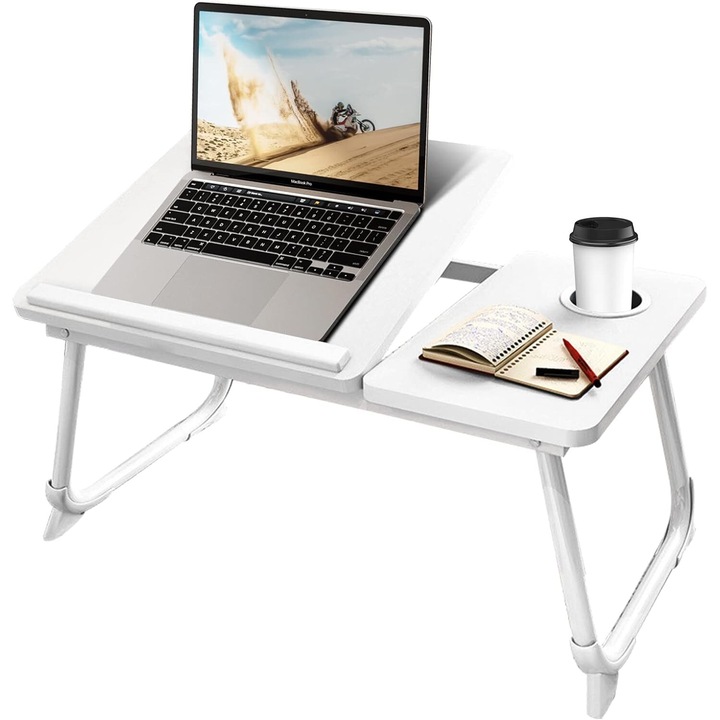 Birou laptop pentru pat sau canapea, LYCENXI, alb, cu suport pentru cana, picioare pliante, dimensiuni 14.5x13inch