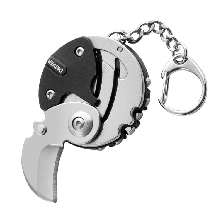 Multifunkciós kulcstartó összecsukható késsel, 2CR rozsdamentes acél, ezüst, 5x5x2cm