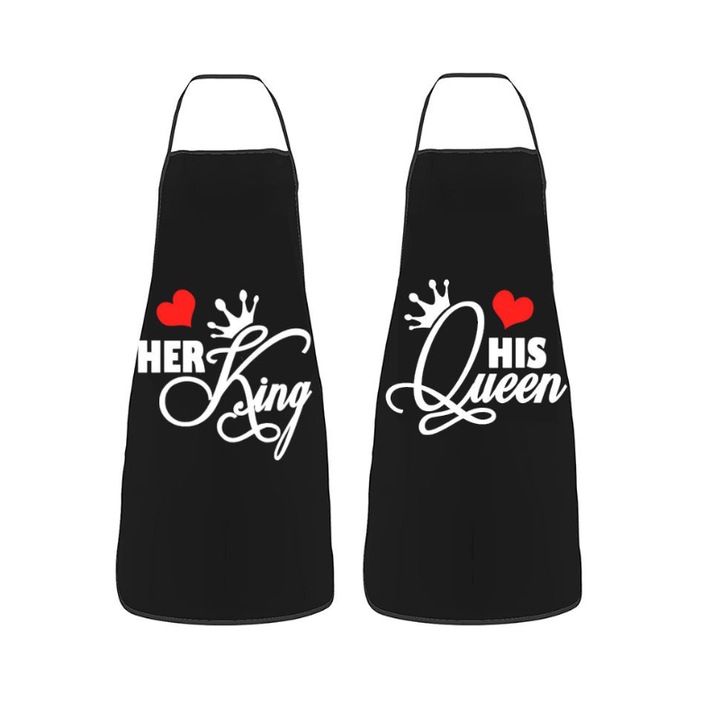 Set sorturi bucatarie King & Queen, accesorii gatit pentru cupluri, sorturi elegante si rezistente, protectie impotriva murdariei, marime ajustabila, design modern si confortabil, negru