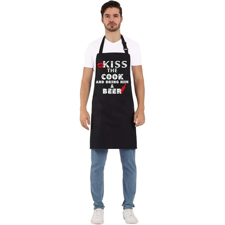 Забавна кухненска престилка Kiss The Cook, издръжлив и удобен аксесоар за готвене, регулируема унисекс престилка, защита срещу замърсяване, забавен и модерен дизайн за кухнята, черен