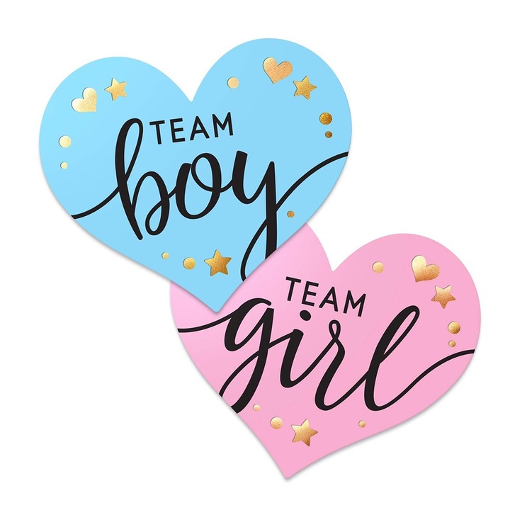 Комплект от 24 стикера за разкриване на пола, отбор момче и отбор момиче, златни детайли, 5 см, розово/синьо, сърце