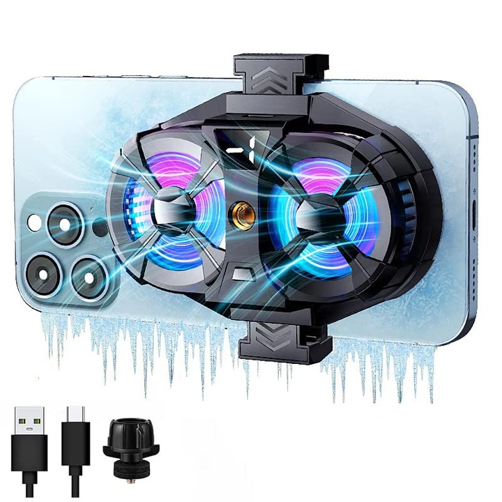 Cooler Telefon, 2 Ventilatoare, racire rapida, trei viteze de racire, Afisaj digital temperatura, Lumini RGB, Universal, Pentru Gaming, OUYLAF, Negru