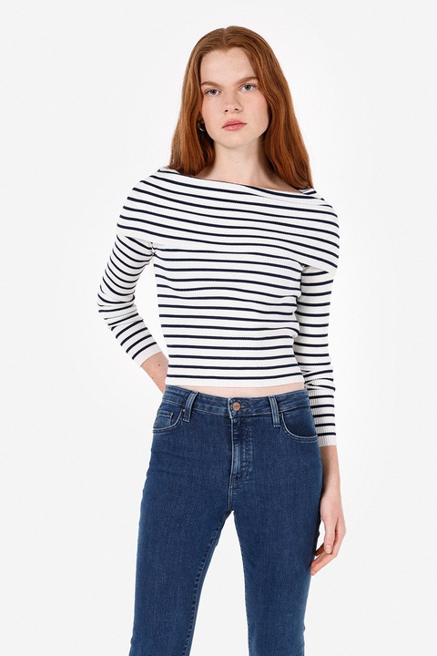 COLIN'S, Pulover striat cu decolteu pe un umar, Alb murdar/Bleumarin, L