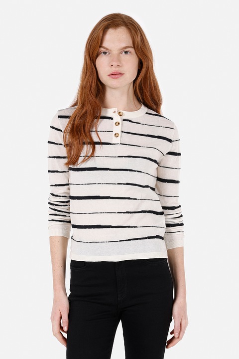 COLIN'S, Pulover cu decolteu la baza gatului si dungi, Negru/Crem, L