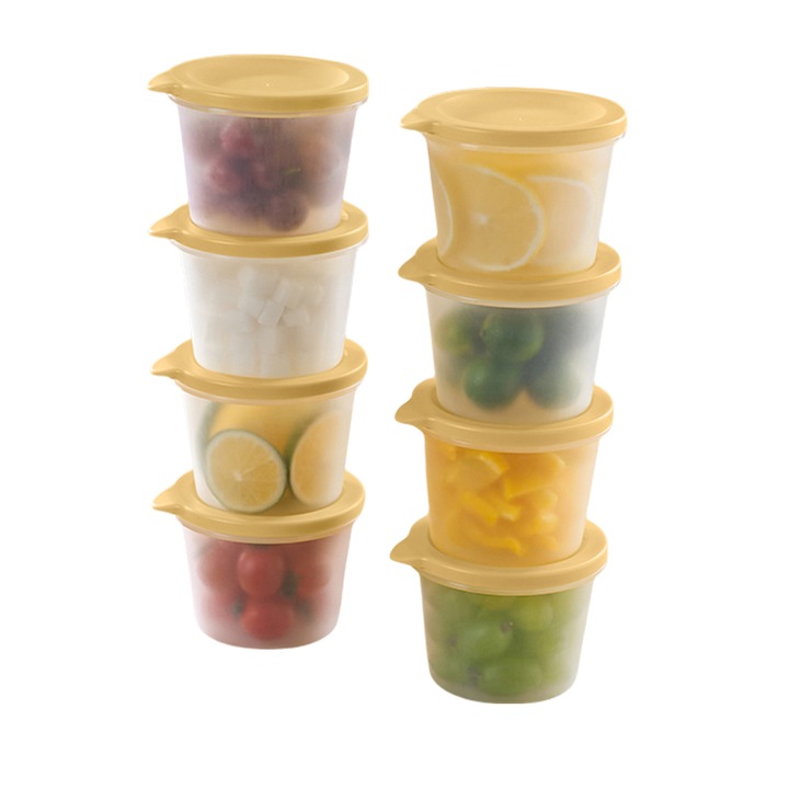 8 db kis műanyag befőttesüveg készlet, fekete fedéllel, 400 ml/db, sárga