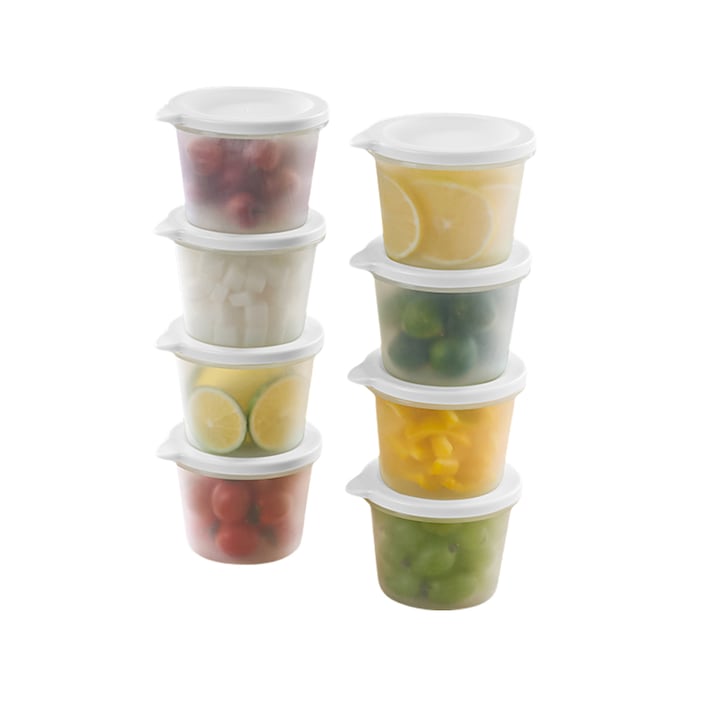 8 db-os kis műanyag befőttesüveg készlet, fekete fedéllel, 400 ml/db, fehér