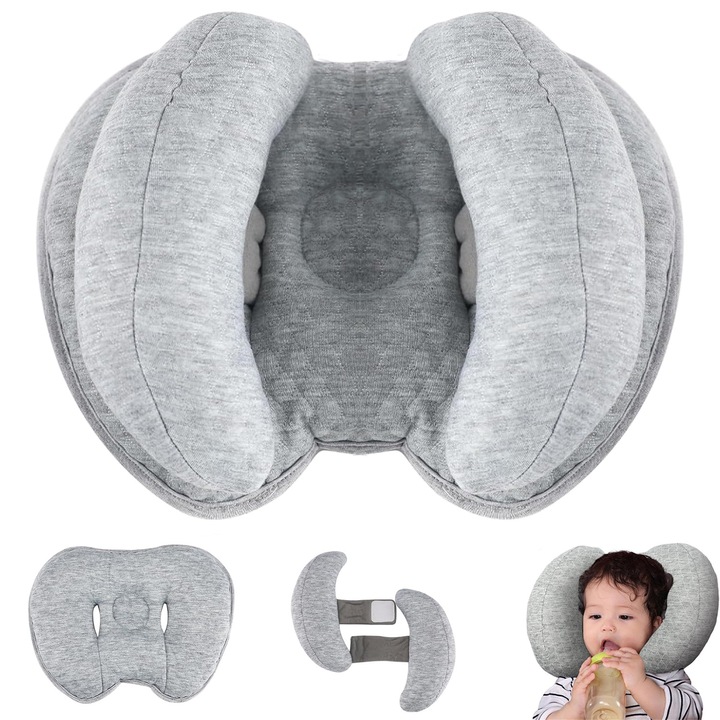 Perna Bebelusi, BYONDSELF®, pentru Formarea Capului, Lavabil la Masina, Circumferinta Capului Reglabila, Perna 2-in-1 pentru Gat, 3-12 luni, Respirabil, Pat / Calatorii, Gri