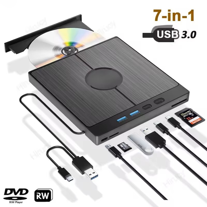 DVD writer extern, Hesasa®, unitate DVD portabila 7 in 1 USB extern cu 2 porturi USB+2 tip C, 2 sloturi pentru carduri TF/SD Unitate CD pentru laptop, cititor de CD-uri pentru computer compatibil cu Windows XP/11/10/8/7 Linux Mac OS, Negru