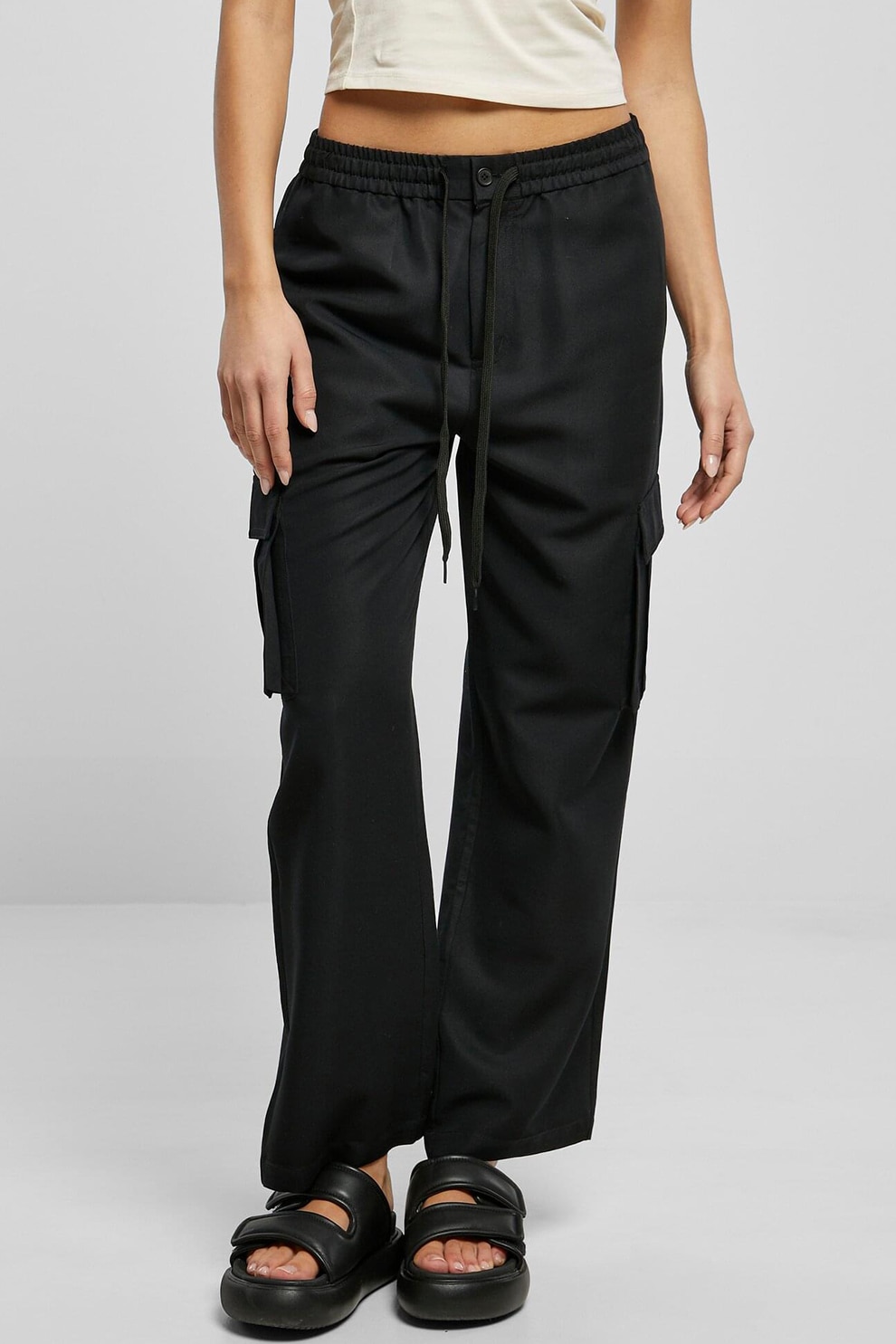 Urban Classics, Pantaloni cargo cu croiala ampla si snur de ajustare, Negru, S