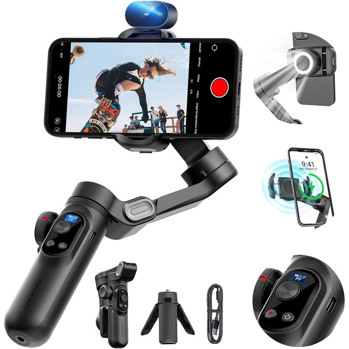 Система за стабилизиране на Gimbal, Excitat®, 3-осен LED, OLED дисплей, Aochuan Smart X Pro AI, Проследяване на лица, RGB магнитна светлина, литиево-йонна сменяема батерия 3200mAh, Gimbal за телефон, черен