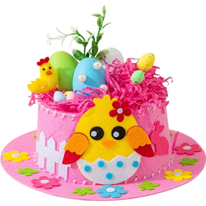 Palarie de Paste, ambalaj de material DIY facut manual, palarie de iepure de Paste, decor cadou creativ pentru copii roz