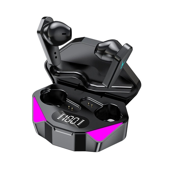 Vezeték nélküli Bluetooth gamer fejhallgató, KYAIGUO® audio, fülbe helyezhető fülhallgató, vezeték nélküli, mikrofonnal, érintésvezérléssel, hangasszisztenssel, telefonhoz, univerzális, Bluetooth 5.0, fekete