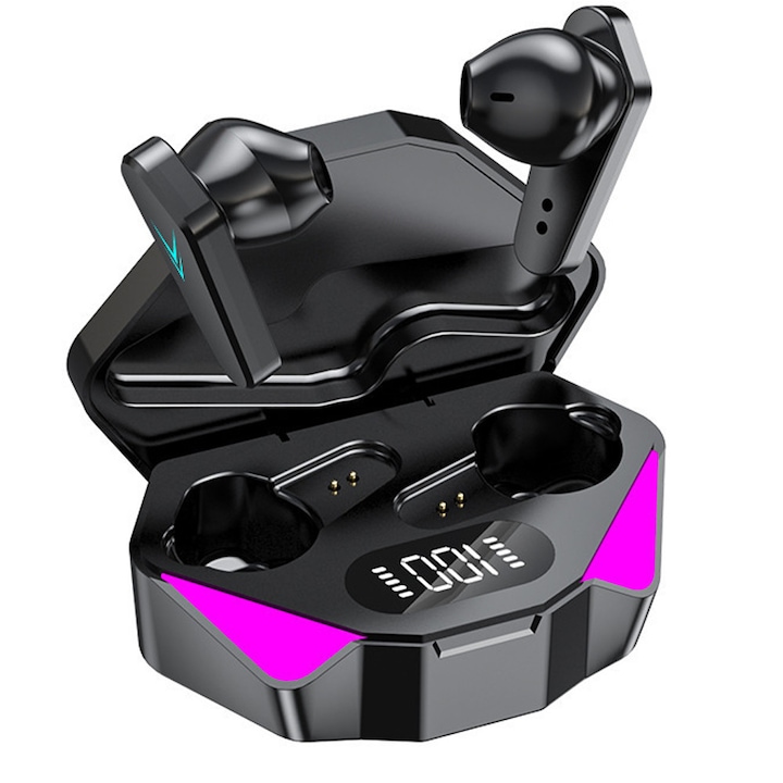 Casti wireless Bluetooth gaming, KYAIGUO® audio, earbuds in-ear, fara fir, cu microfon, control touch, asistent vocal, pentru telefon, universale, Bluetooth 5.0, negre