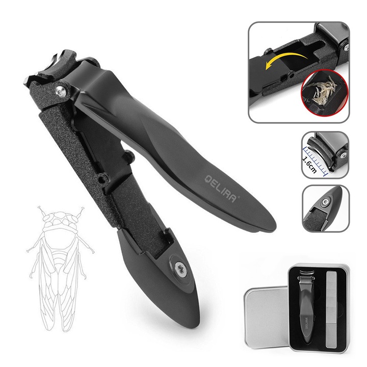 Unghiera Profesionala cu Compartiment de Colectare, QELIRA® din Otel Inoxidabil, Neagra, cu Cutie Metalica