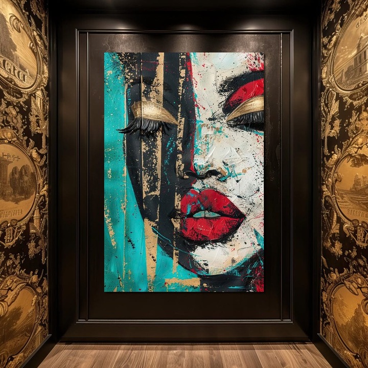 Първокласна картина на платно, LuxCanva® G1024, Жена в хаос, 40 X 60 CM, 100% памучно платно 400g/m2, дървена рамка, авангард, цветове, металик, портрет, експресионизъм, емоция, розово, всекидневна, спалня