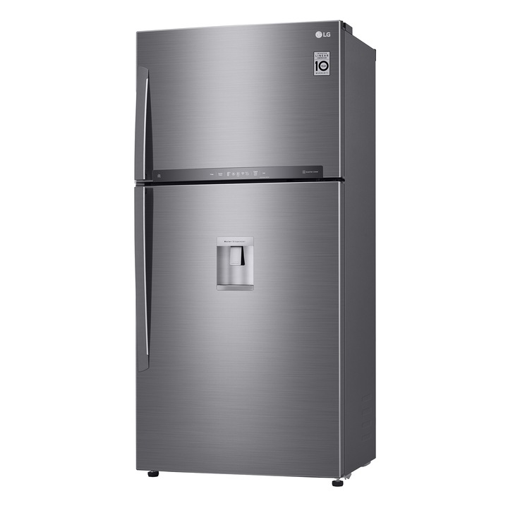 Frigider cu doua usi LG GTF916PZPZD, 592 l, Clasa A++, Full NoFrost, Dozator apa, Smart Diagnosis, WiFi, Compresor liniar, Afisaj extern, Racire usa, H 184 cm, Argintiu
