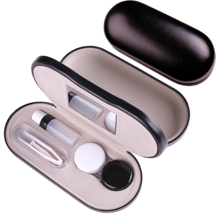Etui 2 in 1 pentru ochelari si lentile de contact, negru, cu oglinda, cleste si sticla solutie lentile, compact