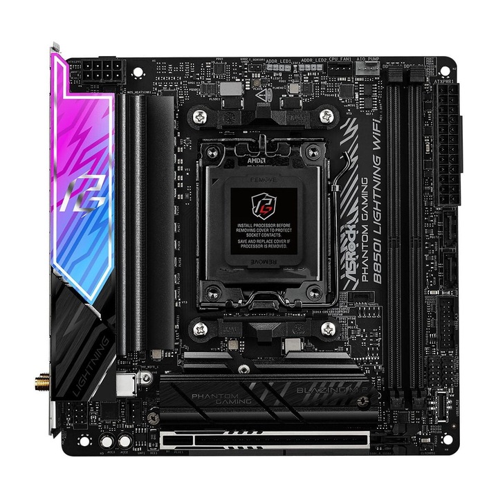Дънна платка B850I Lightning, Asrock, 2 M.2 слота, 128 GB, Wi-Fi 6E, 170x170 мм, черна