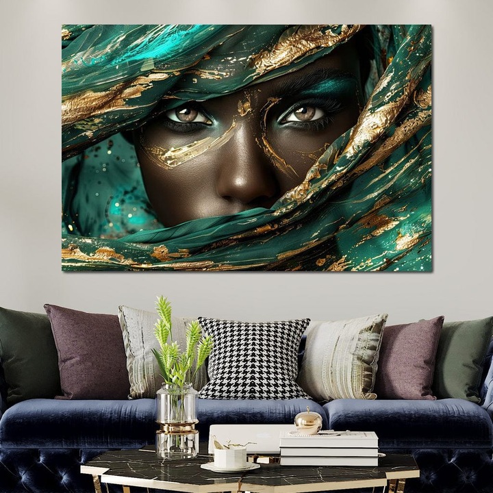 Първокласна картина на платно, LuxCanva® G1026, Очи, които разказват истории, 40 X 60 CM, 100% памучно платно 400g/m2, Дървена рамка, Ориенталска, Кралица, Пустинна, Зелена, Око, Бохемска, Изумрудена, Всекидневна, Спалня