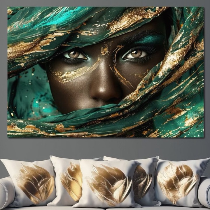 Tablou Canvas Premium, LuxCanva® G1026, Ochi ce Spun Povesti, 100 X 150 CM, Panza Bumbac 100% 400g/m2, Sasiu Lemn, Oriental, Regina, Desert, Verde, Ochi, Boem, Smarald, Living, Dormitor