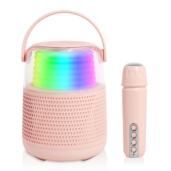 Masina de Karaoke Portabila LYCENXI, 16W Boxa Bluetooth Puternica, Microfon Wireless, 11 Lumini RGB, Roz