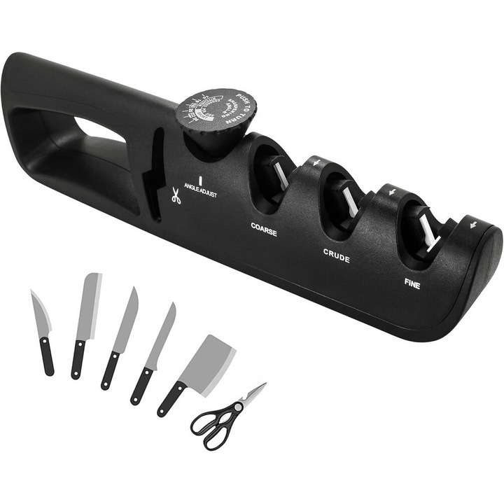 Ascutitor cutite 4 in 1, ajustabila, cu suport pentru foarfece, neagra