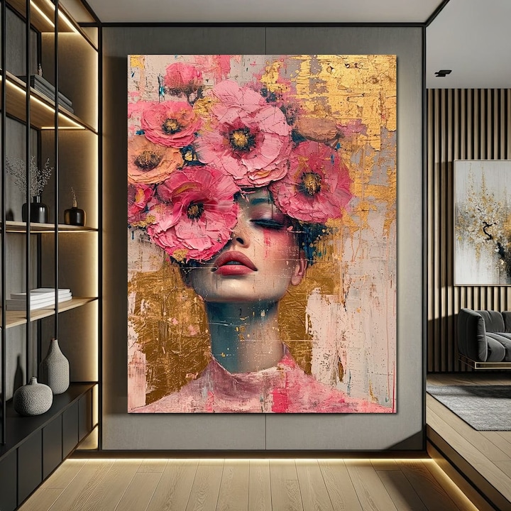 Първокласна картина на платно, LuxCanva® G1023, Grace in Bloom, 90 X 120 CM, 100% памучно платно 400g/m2, дървена рамка, деликатеси, цветя, венчелистчета, злато, портрет, пастел, розово, всекидневна, спалня, живи цветове