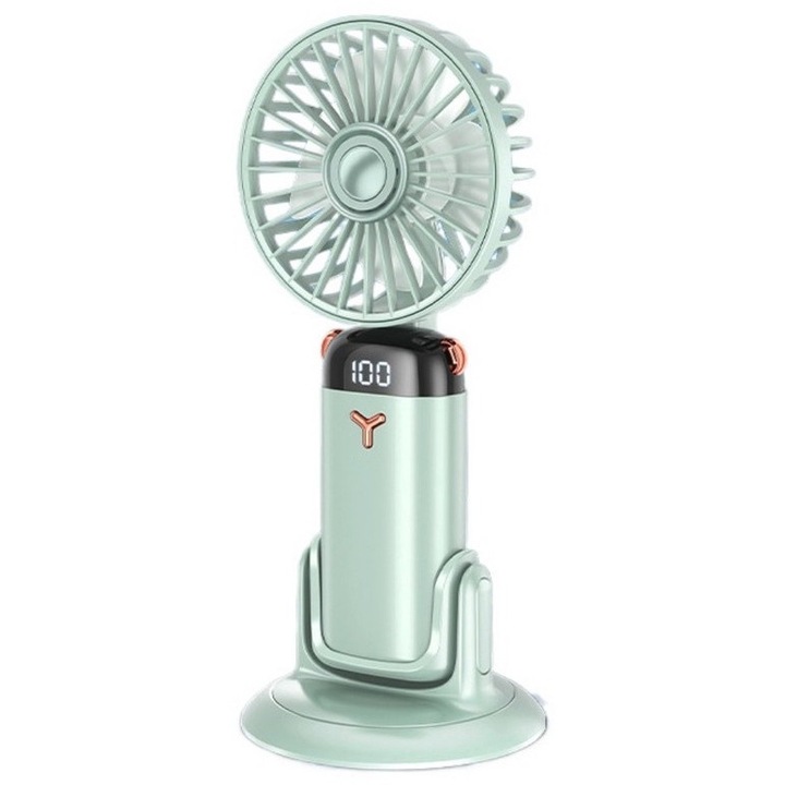 Преносим вентилатор, вентилатор за сгъваема маса четири в едно, USB бързо зареждане, 5-скоростна настройка, вградена стандартна батерия, LED екран, екологичен ABS материал, 25dB тих, 2400mAh [универсална въртяща се основа], зелен