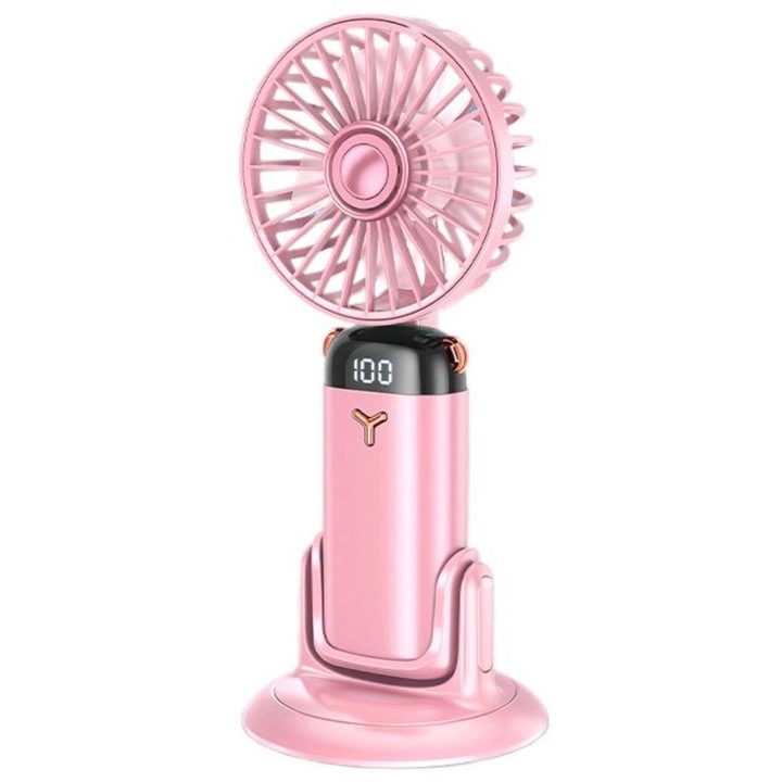 Преносим вентилатор, сгъваем настолен вентилатор четири в едно, USB бързо зареждане, 5-скоростна настройка, вградена стандартна батерия, LED екран, екологичен ABS материал, 25dB тих, 2400mAh [универсална въртяща се основа], розов