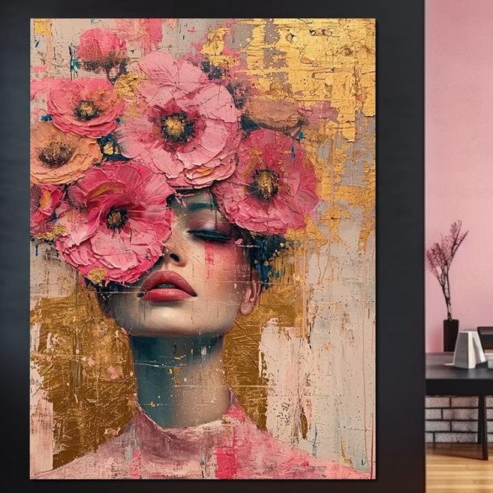Премиум картина върху платно, LuxCanva® G1023, Грациозни цветове, 100 X 135 см, 100% памучно платно 400 г/м2, дървена рамка, деликатни цветове, цветя, венчелистчета, златисто, портрет, пастелно, розово, хол, спалня, ярки цветове