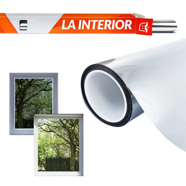 Folie cu efect de oglinda pentru interior, cu protectie solara UV, 25 x 100 cm, DecoMeister®, Model Argintiu, K007-025-0100S