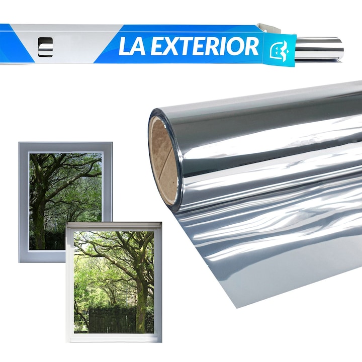 Folie pentru sticla cu efect de oglinda venetiana, destinata utilizarii la exterior, 50 x 3000 cm, DecoMeister®, Model Argintiu, K008-050R3000