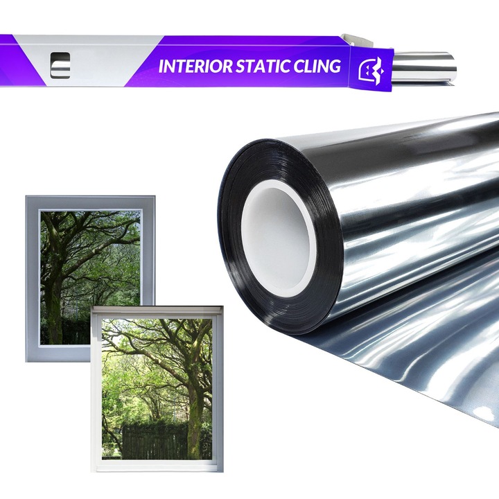 Folie pentru sticla cu efect de oglinda venetiana, destinata utilizarii in interior, statica, 75 x 200 cm, DecoMeister®, Model Argintiu, K012-075-0200S