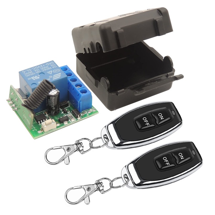Comutator wireless universal Generic, 12V, 1 canal, 2 transmitatoare, cod de invatare EV1527, 433Mhz