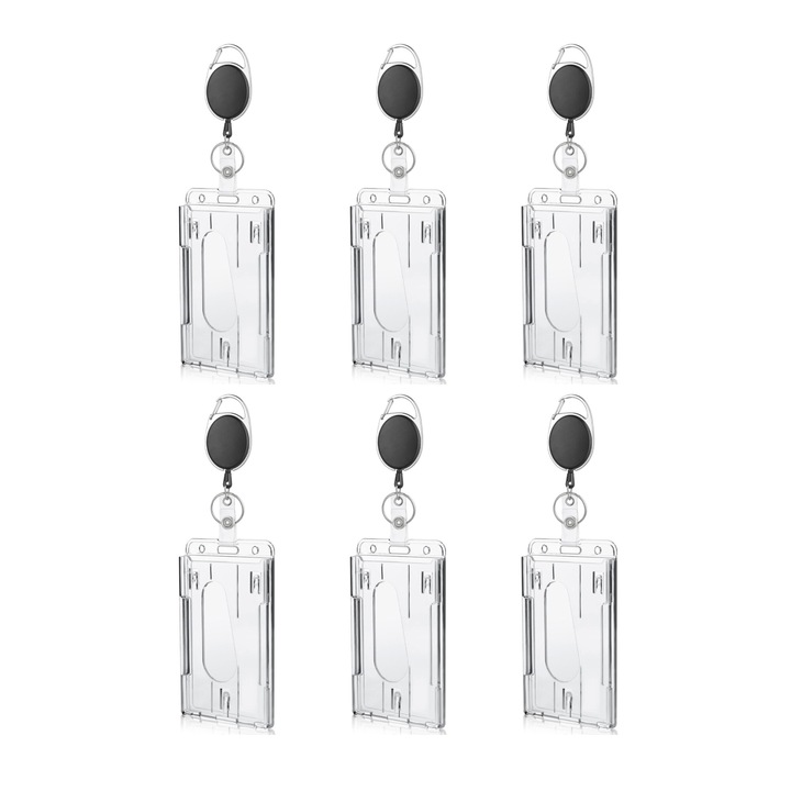 Set de 6 suporturi pentru ecusoane cu clips retractabil, transparent/negru, pentru birou, evenimente si scoli