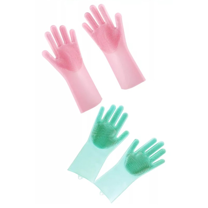 2 db-os Szilikon Kesztyű Szett Mosogatáshoz és Takarításhoz - Rózsaszín és Zöld