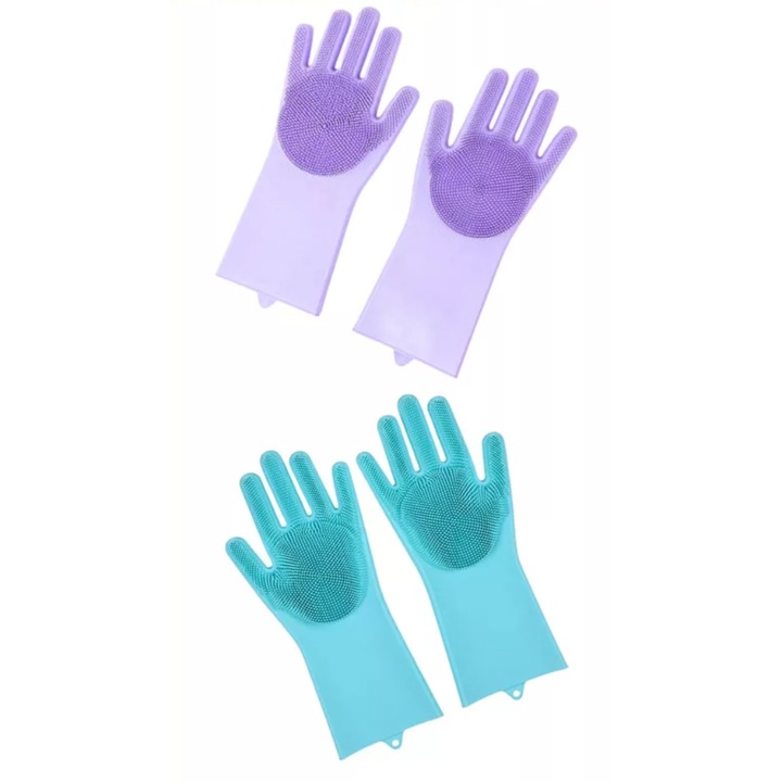 2 db-os Szilikon Kesztyű Szett Mosogatáshoz és Takarításhoz - Kék és Lila