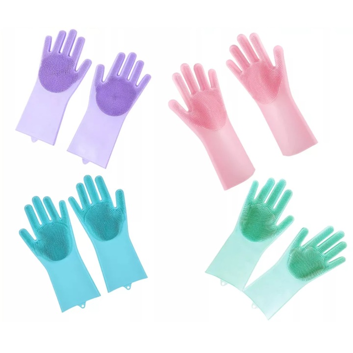 4 db-os Szilikon Kesztyű Szett Mosogatáshoz és Takarításhoz - Rózsaszín, Zöld, Kék és Lila