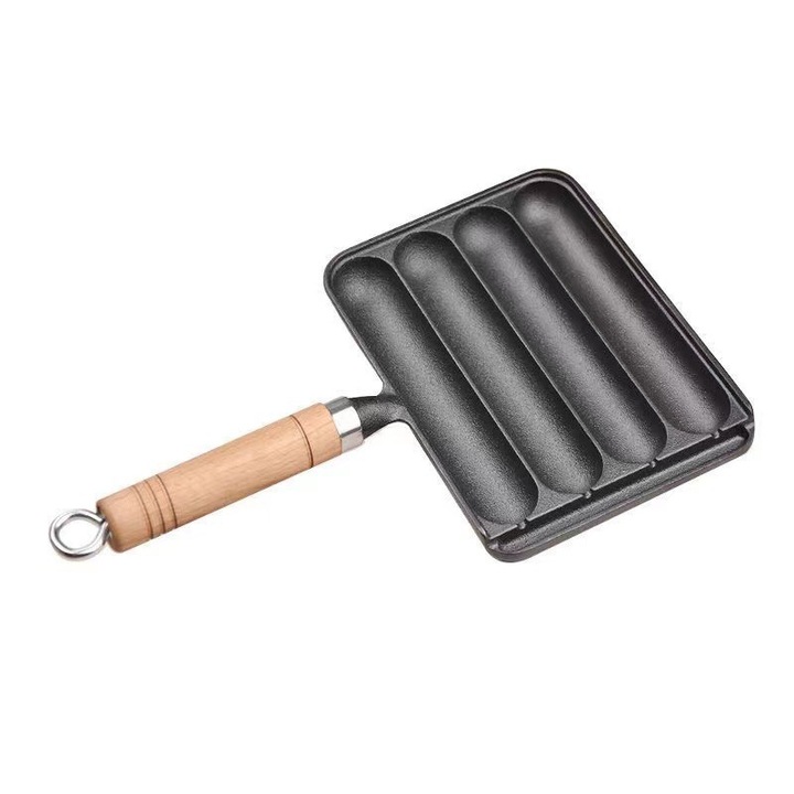 Tigaie grill antiaderenta, Fonta durabila si maner din lemn, tigaie gatire sanatoasa, tigaie grill pentru carne legume burgeri, suprafata usor de curatat, 18x14 cm