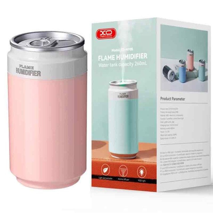 Овлажнител за кола/стая, пламък XO-HF08, ароматерапия и цветен светодиод, 3 нива на пулверизация, розов