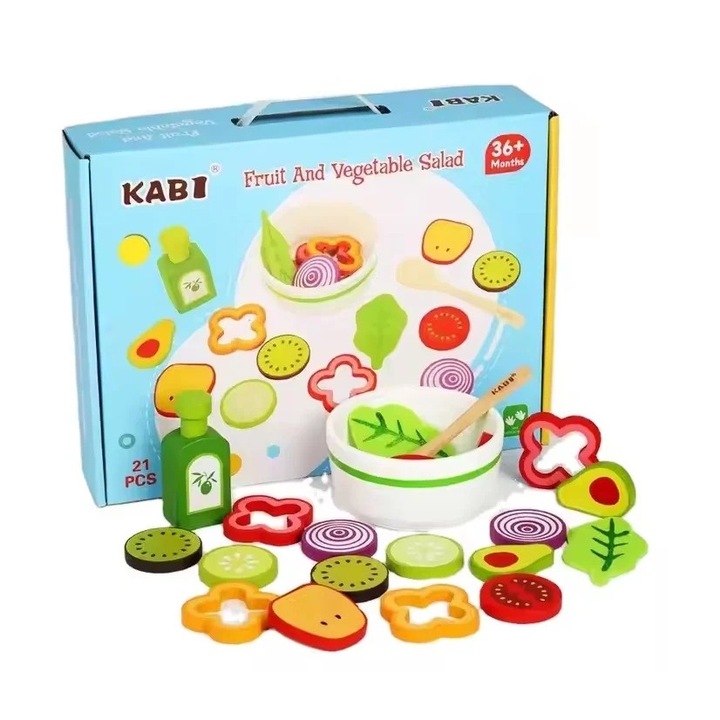 Jucarie educativa de rol cu fructe si legume, pentru copii 3 ani+, cu 21 piese din lemn, 33x25x8 cm, multicolor