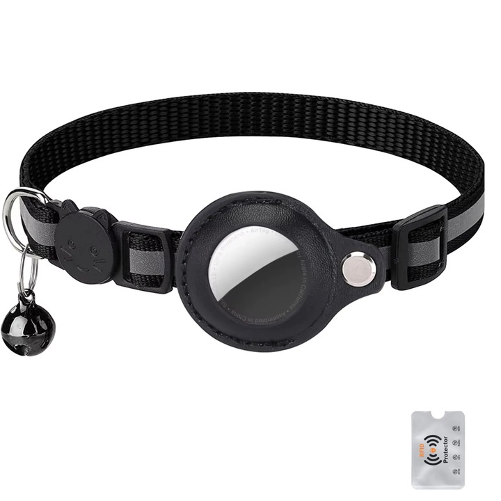 Zgarda cu Compartiment Air Tag, pentru Pisici, Caini, Animale talie Mica, Reflectorizanta, Reglabila, cu Clopotel, 1 Protectie Rfid, UnderShop®