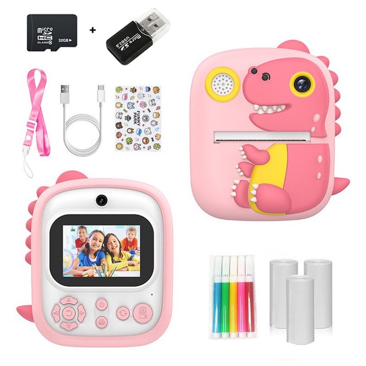 Камера и видеокамера за деца, функция за незабавен печат, режим за селфита, HD 1080P, акумулаторна батерия, 2.4-инчов екран, 8x увеличение, двоен обектив, USB-C кабел, 32GB карта, 3 ролки хартия, 5 маркера включени, с четец на карти, розов
