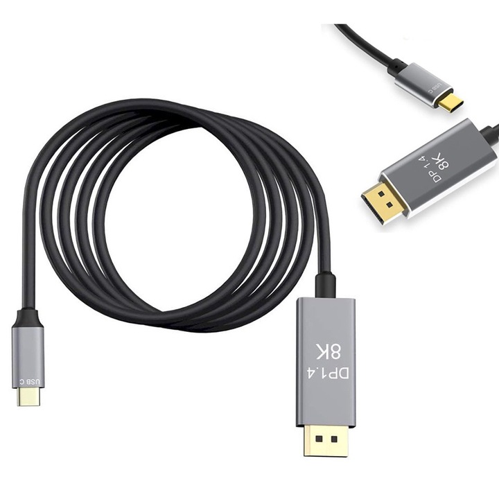 Кабел USB Type-C към DP 1.4, Zola, DisplayPort audio video, 8K 4K 2K резолюция, дължина 1,8 м, съвместим с телефони, монитори, телевизори, цвят сиво-черен