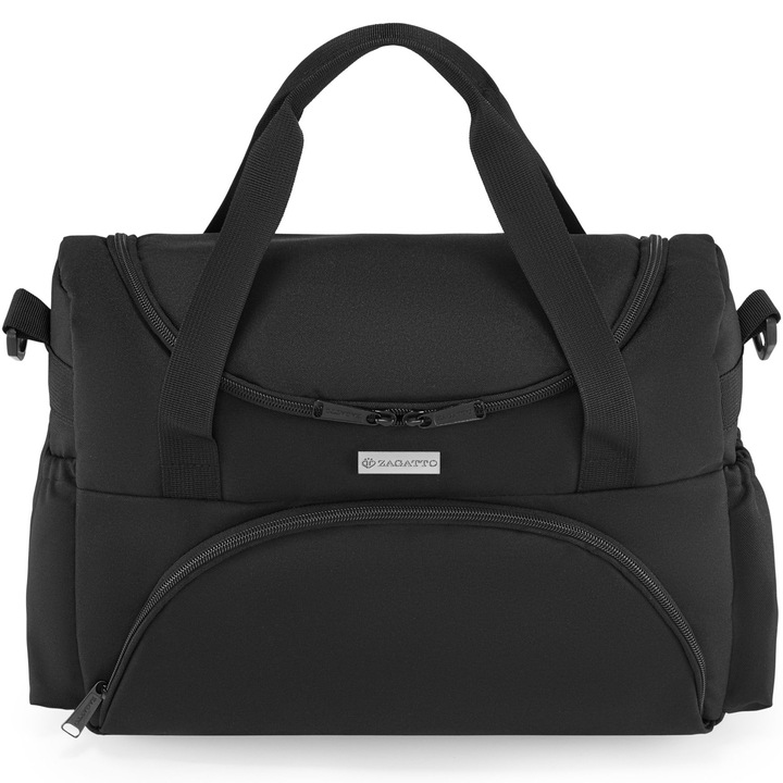 Geanta maternitate, Zagatto, Neagra, Pentru mamici si bebelusi, Geanta carucior dimensiuni 35x27x18 cm, Curea de umar detasabila si reglabila, Impermeabila, Buzunar frontal cu fermoar, Multifunctionala de umar / mana, ZG939