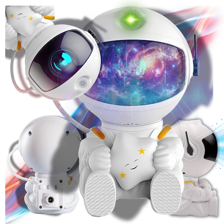 Proiector de stele Astronaut GALAXIA® – Lampa de Noapte pentru Copii, Proiectie 360°, 3D, HD, LED, Alb
