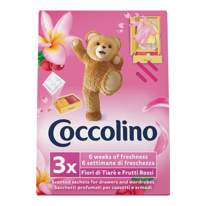 Szekrény és fiók illatosító, Coccolino Tiare virágok és piros gyümölcsök, 3 tasak