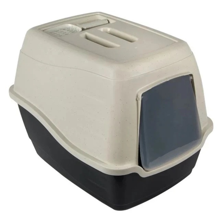 Litiera pentru pisici, Welora, din plastic, cu usa si faras, dimensiuni 46x36x40cm, negru-bej