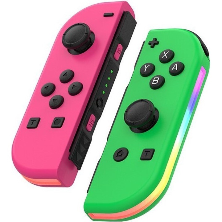 Безжичен контролер за игри с RGB (подходящ за Nintendo Switch/OLED/LITE), контролери Joy Cons за Switch, контролер за джойстик за геймпад, с двойна вибрация, турбо, комплект 2 контролера, розов+зелен